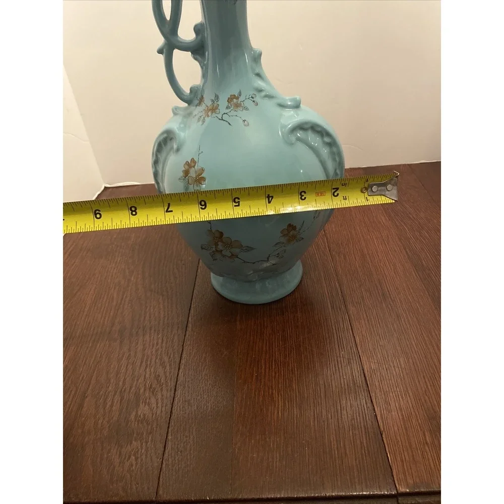 Vintage Art StudioPottery Vase Floral Hand Painted Dogwood Victorian‎ Style Teal
